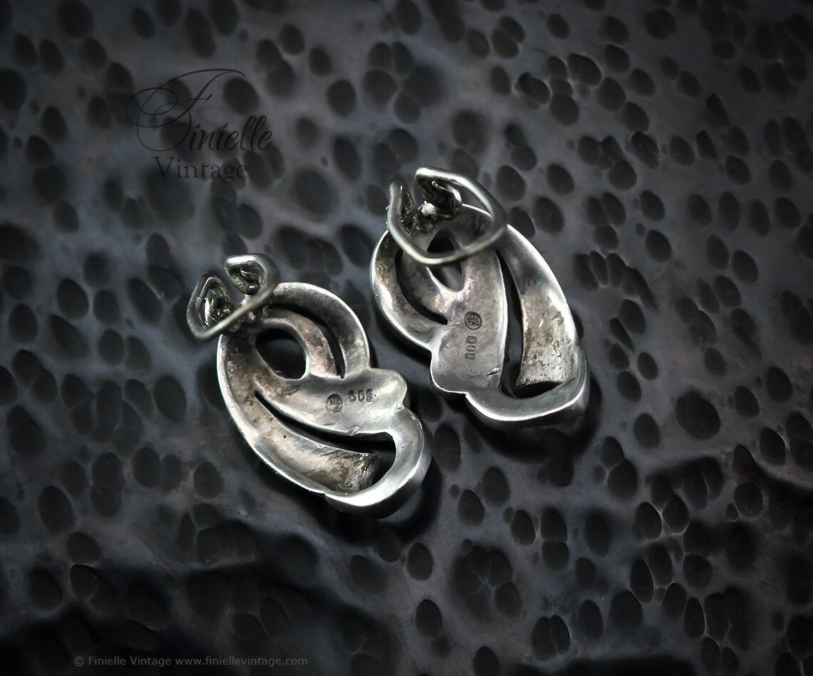 Antique Vintage 1920-1930 Pair Art Deco Clip-On Silver Marcasite Earrings, Signed .800, Gift for Women, Unique Vintage Jewellery Jewelry