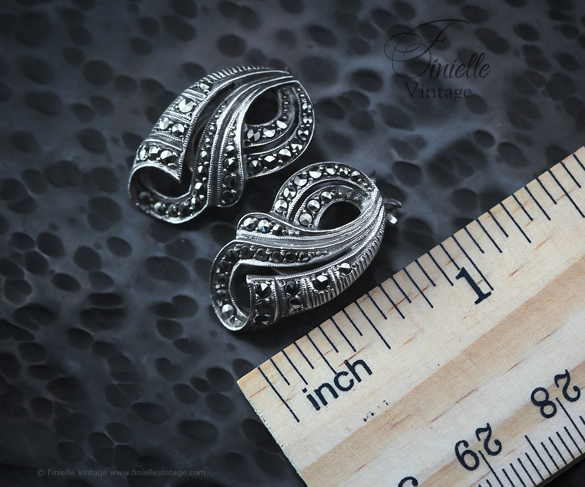 Antique Vintage 1920-1930 Pair Art Deco Clip-On Silver Marcasite Earrings, Signed .800, Gift for Women, Unique Vintage Jewellery Jewelry