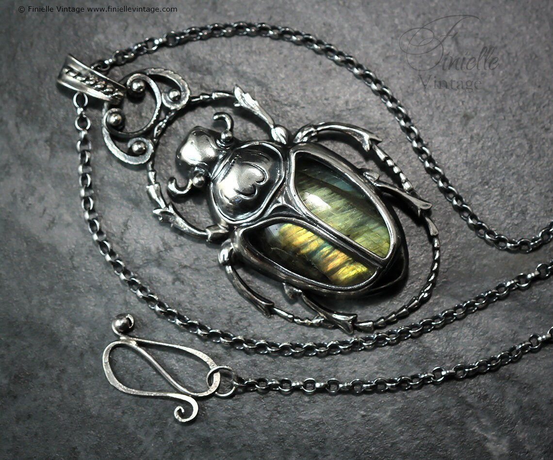 Art Deco Vintage style Egyptian Scarab Pendant Necklace, Antique Silver Plated, Royal Gold Labradorite, Sterling Silver Chain, Unique Gift