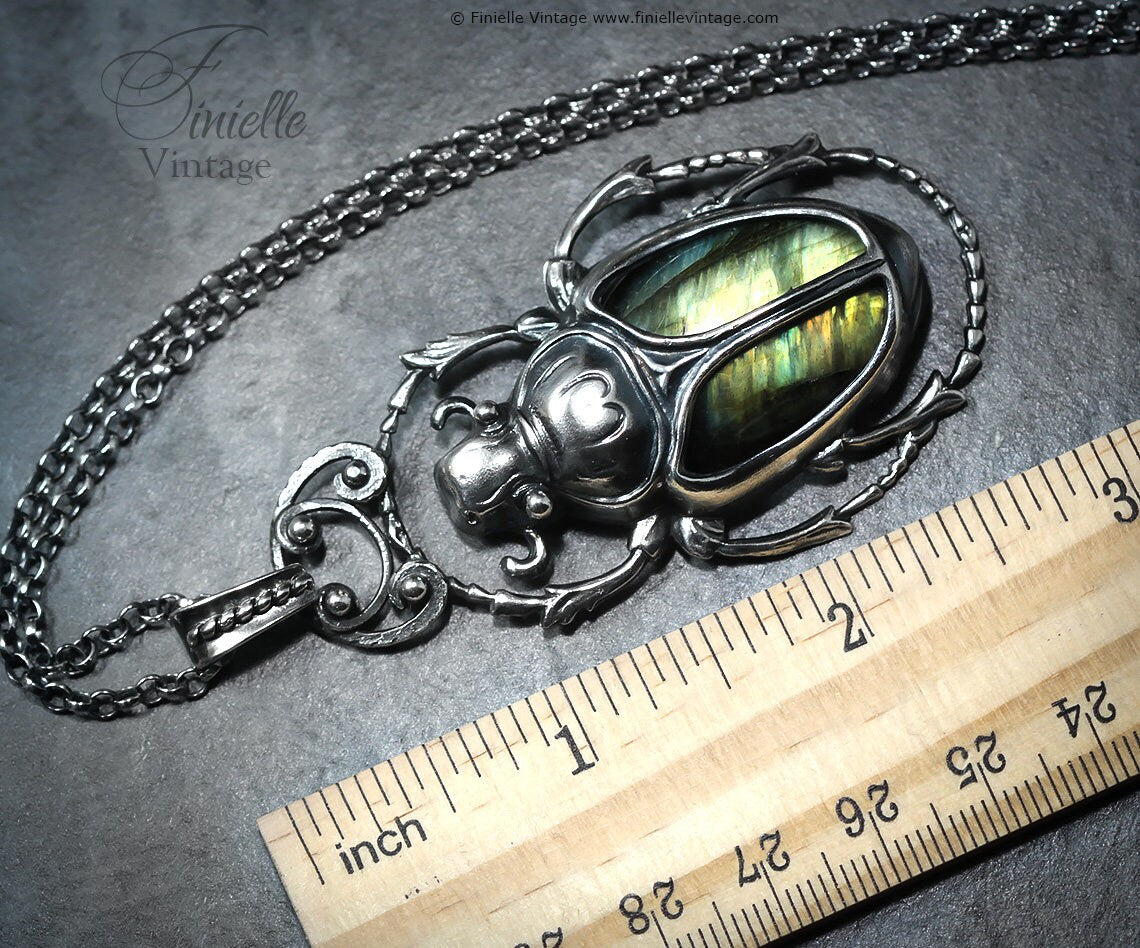 Art Deco Vintage style Egyptian Scarab Pendant Necklace, Antique Silver Plated, Royal Gold Labradorite, Sterling Silver Chain, Unique Gift