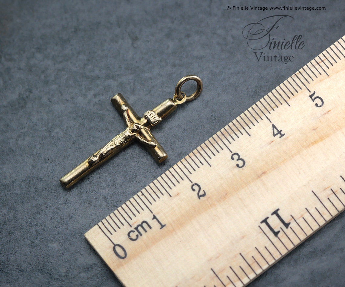 Vintage 1980s 9Ct Yellow Gold Small Crucifix Cross Catholic Necklace Pendant Holy Charm, Stamped 375