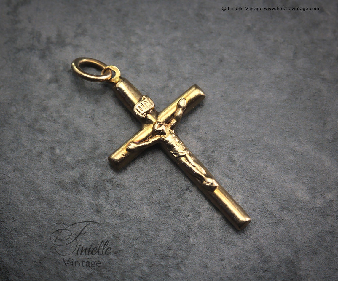 Vintage 1980s 9Ct Yellow Gold Small Crucifix Cross Catholic Necklace Pendant Holy Charm, Stamped 375