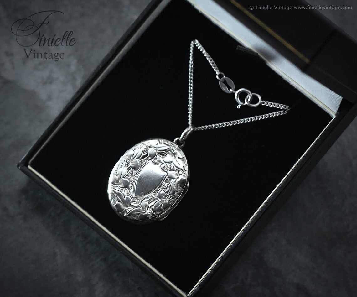 Sterling Silver Vintage 1930s Oval 2 Photo Locket Pendant Necklace, Engraved Ornate Floral, Sterling Silver Plain Curb Chain