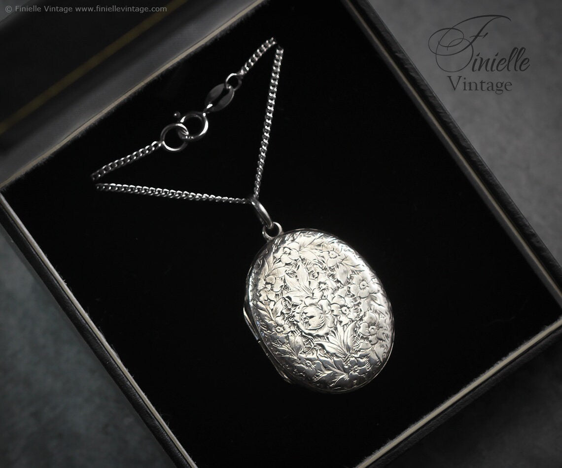 Sterling Silver Vintage 1930s Oval 2 Photo Locket Pendant Necklace, Engraved Ornate Floral, Sterling Silver Plain Curb Chain