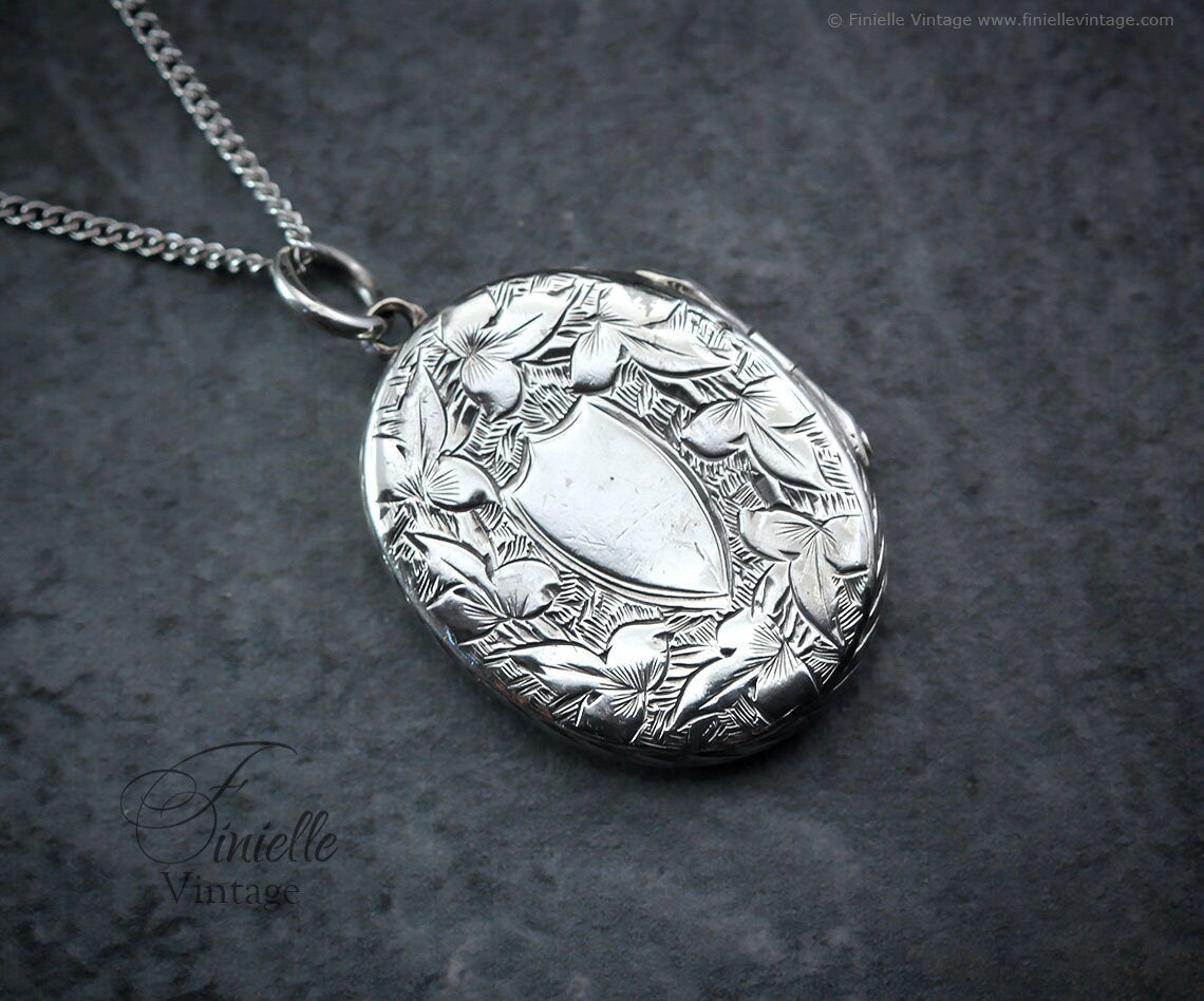 Sterling Silver Vintage 1930s Oval 2 Photo Locket Pendant Necklace, Engraved Ornate Floral, Sterling Silver Plain Curb Chain