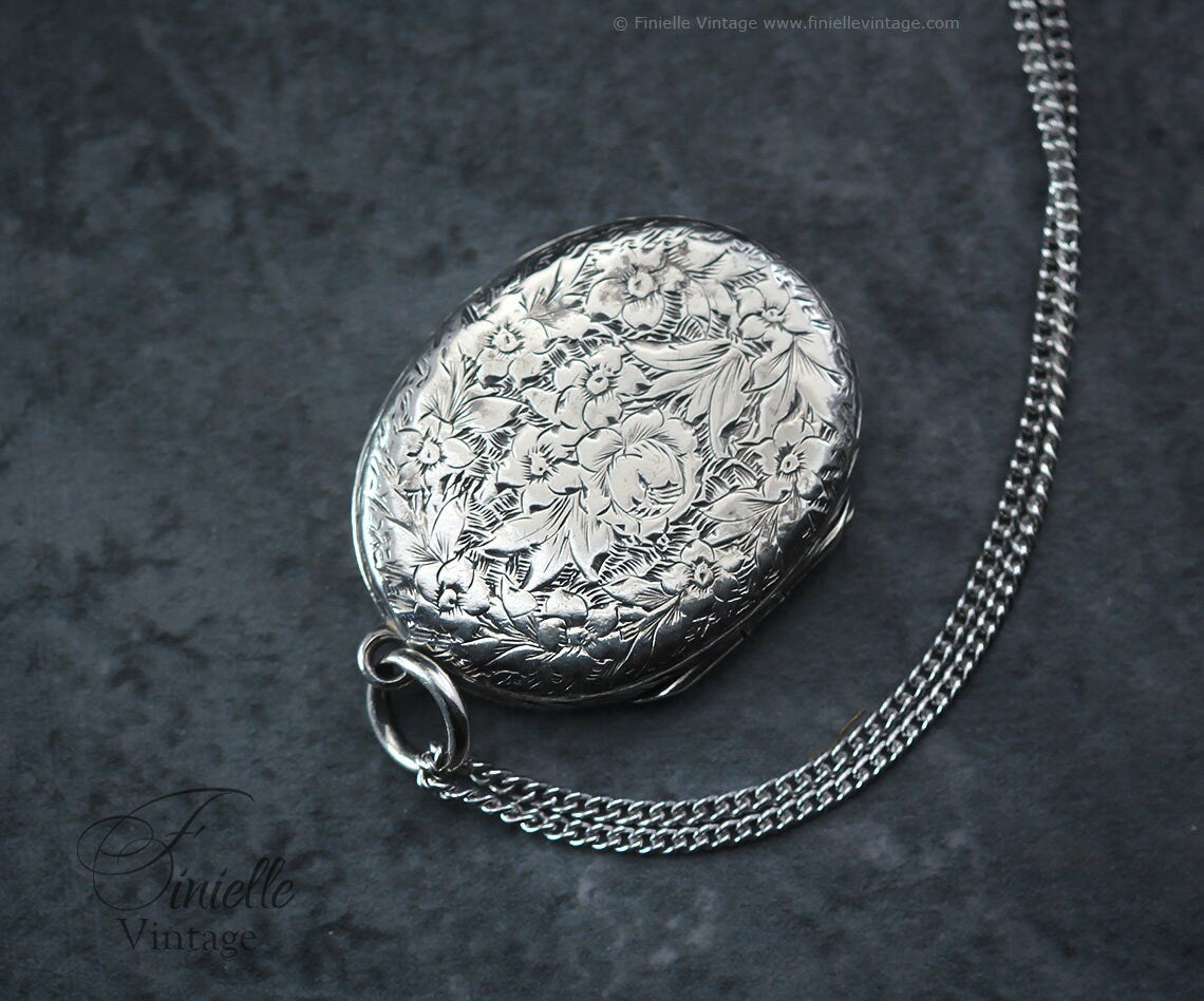 Sterling Silver Vintage 1930s Oval 2 Photo Locket Pendant Necklace, Engraved Ornate Floral, Sterling Silver Plain Curb Chain