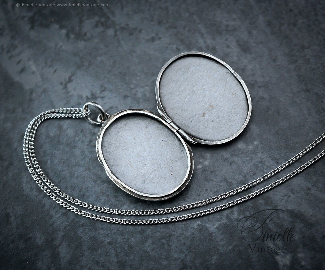 Sterling Silver Vintage 1930s Oval 2 Photo Locket Pendant Necklace, Engraved Ornate Floral, Sterling Silver Plain Curb Chain