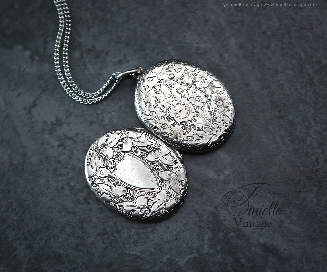 Sterling Silver Vintage 1930s Oval 2 Photo Locket Pendant Necklace, Engraved Ornate Floral, Sterling Silver Plain Curb Chain