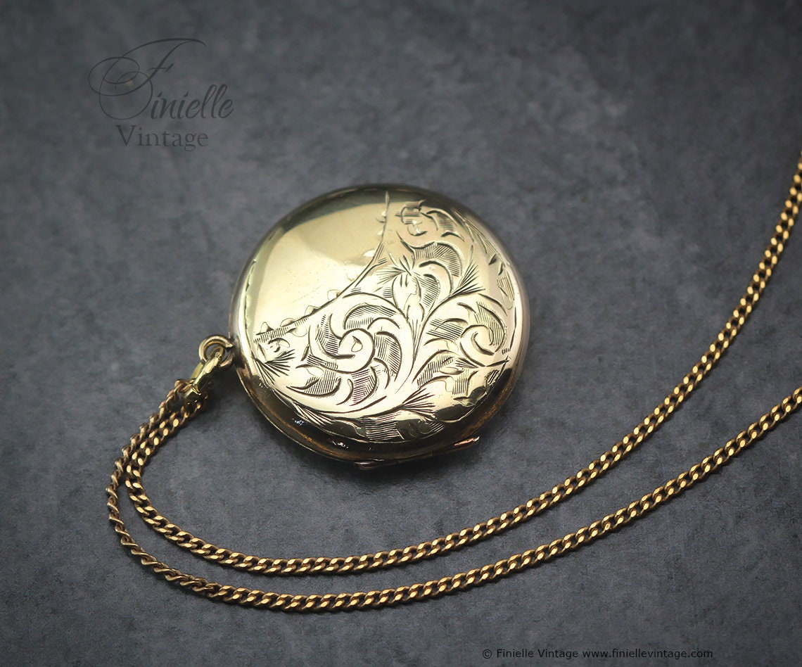 Antique Rolled Gold Victorian Engraved Floral Charm Locket Pendant Necklace, 18Ct Yellow Gold Plated 18.5" Chain, Unique Gift
