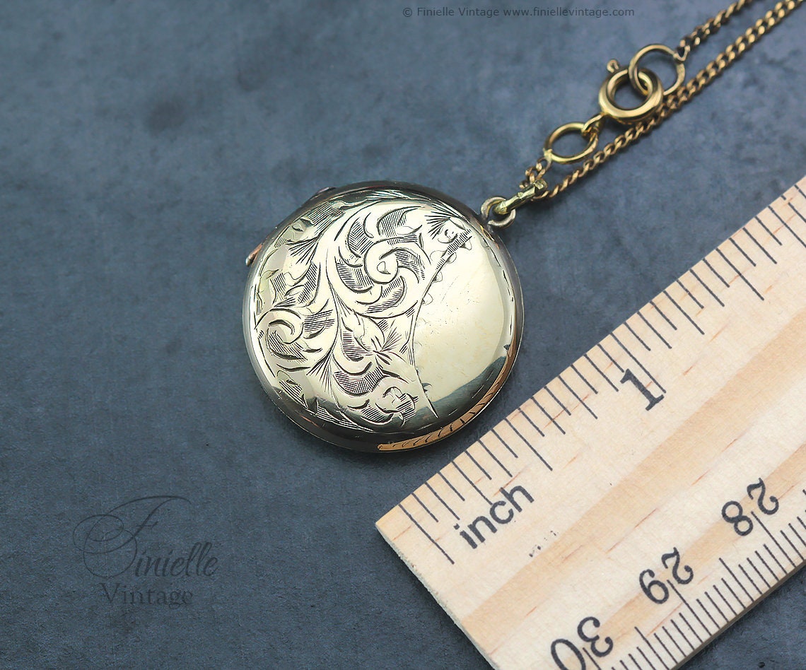 Antique Rolled Gold Victorian Engraved Floral Charm Locket Pendant Necklace, 18Ct Yellow Gold Plated 18.5" Chain, Unique Gift