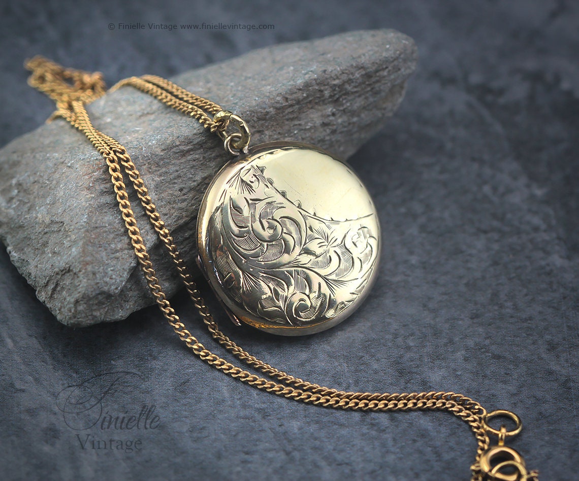 Antique Rolled Gold Victorian Engraved Floral Charm Locket Pendant Necklace, 18Ct Yellow Gold Plated 18.5" Chain, Unique Gift