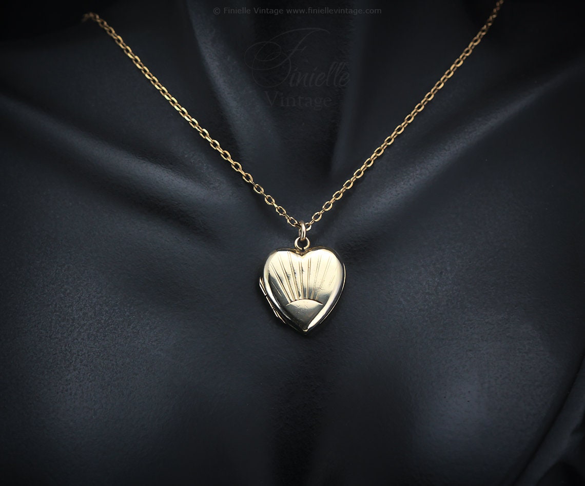 Antique Rolled Gold Victorian 1850-1900 Engraved Heart Charm Small Locket Pendant Necklace, 18Ct Yellow Gold Plated 16.5" Chain, Unique Gift