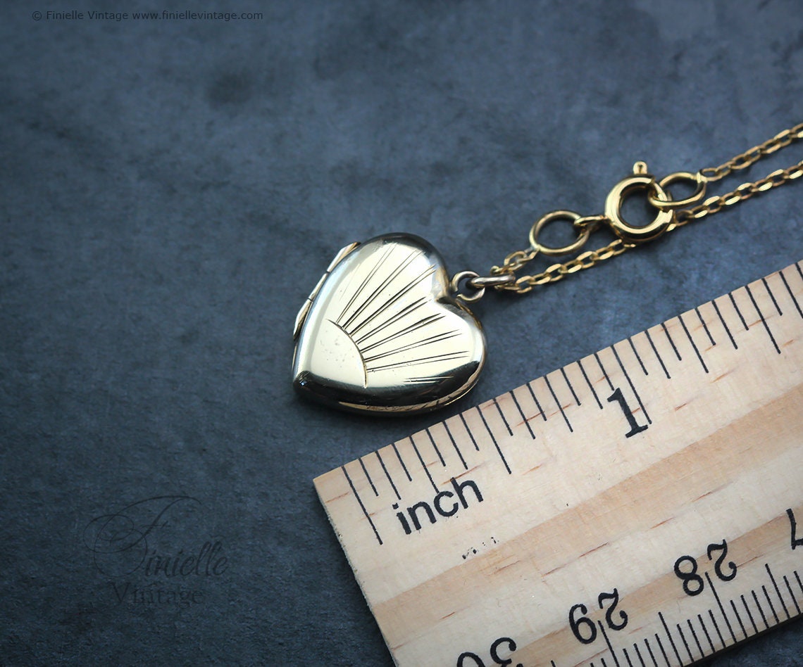 Antique Rolled Gold Victorian 1850-1900 Engraved Heart Charm Small Locket Pendant Necklace, 18Ct Yellow Gold Plated 16.5" Chain, Unique Gift
