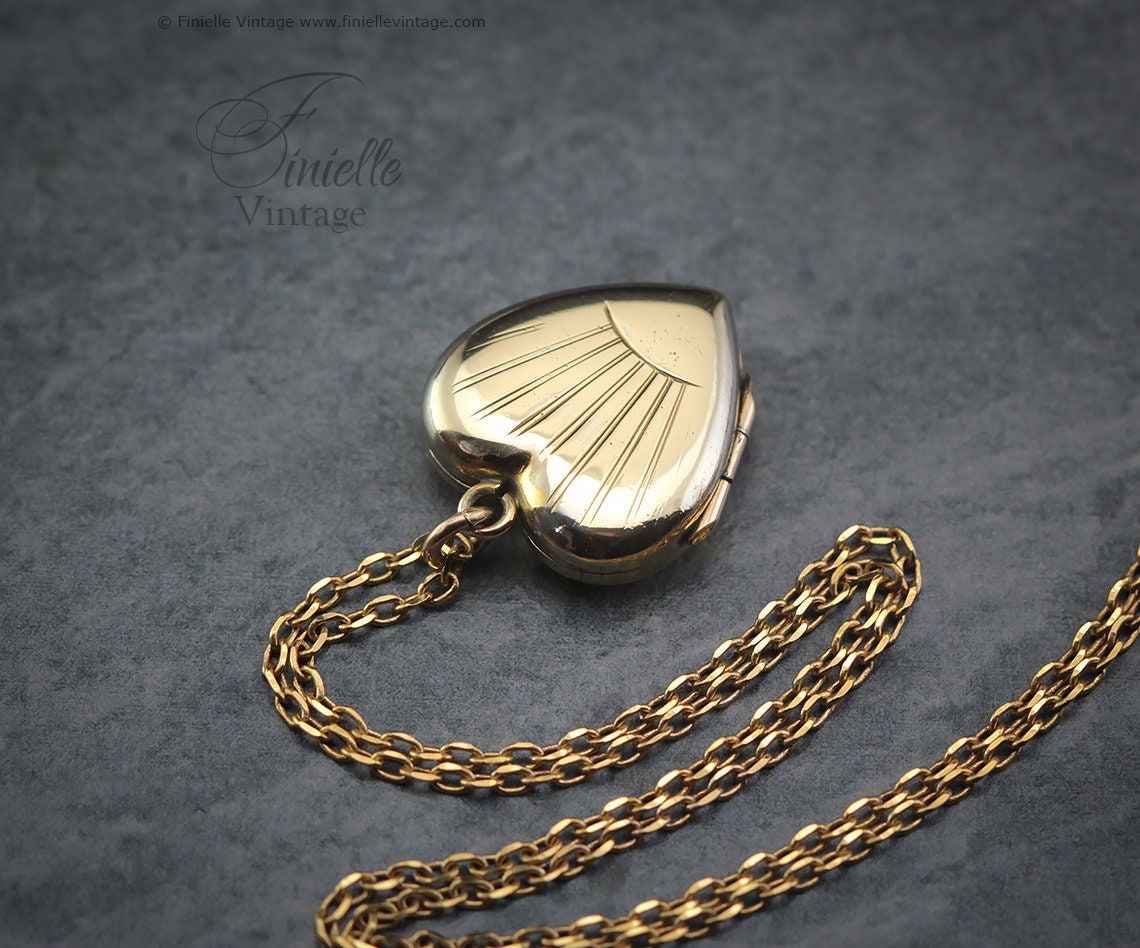 Antique Rolled Gold Victorian 1850-1900 Engraved Heart Charm Small Locket Pendant Necklace, 18Ct Yellow Gold Plated 16.5" Chain, Unique Gift
