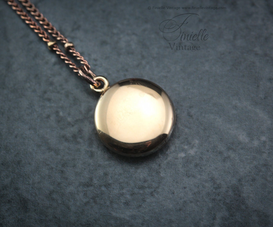 Antique Rose Rolled Gold Victorian 1850-1900 Engraved Round Small Charm Locket Pendant Necklace, 12Ct Rose Gold Plated 15.3" Chain