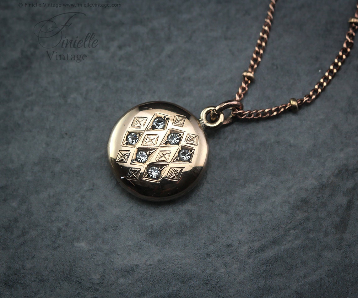 Antique Rose Rolled Gold Victorian 1850-1900 Engraved Round Small Charm Locket Pendant Necklace, 12Ct Rose Gold Plated 15.3" Chain