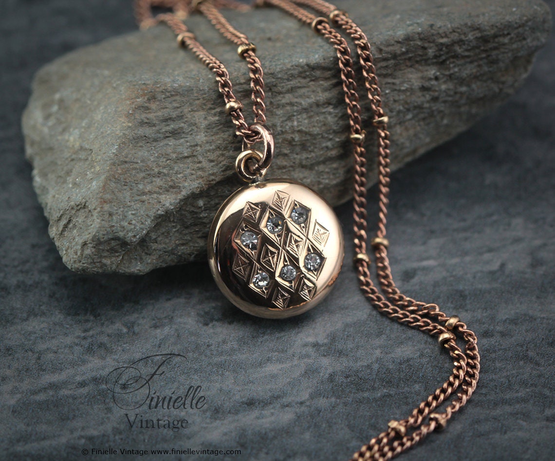 Antique Rose Rolled Gold Victorian 1850-1900 Engraved Round Small Charm Locket Pendant Necklace, 12Ct Rose Gold Plated 15.3" Chain