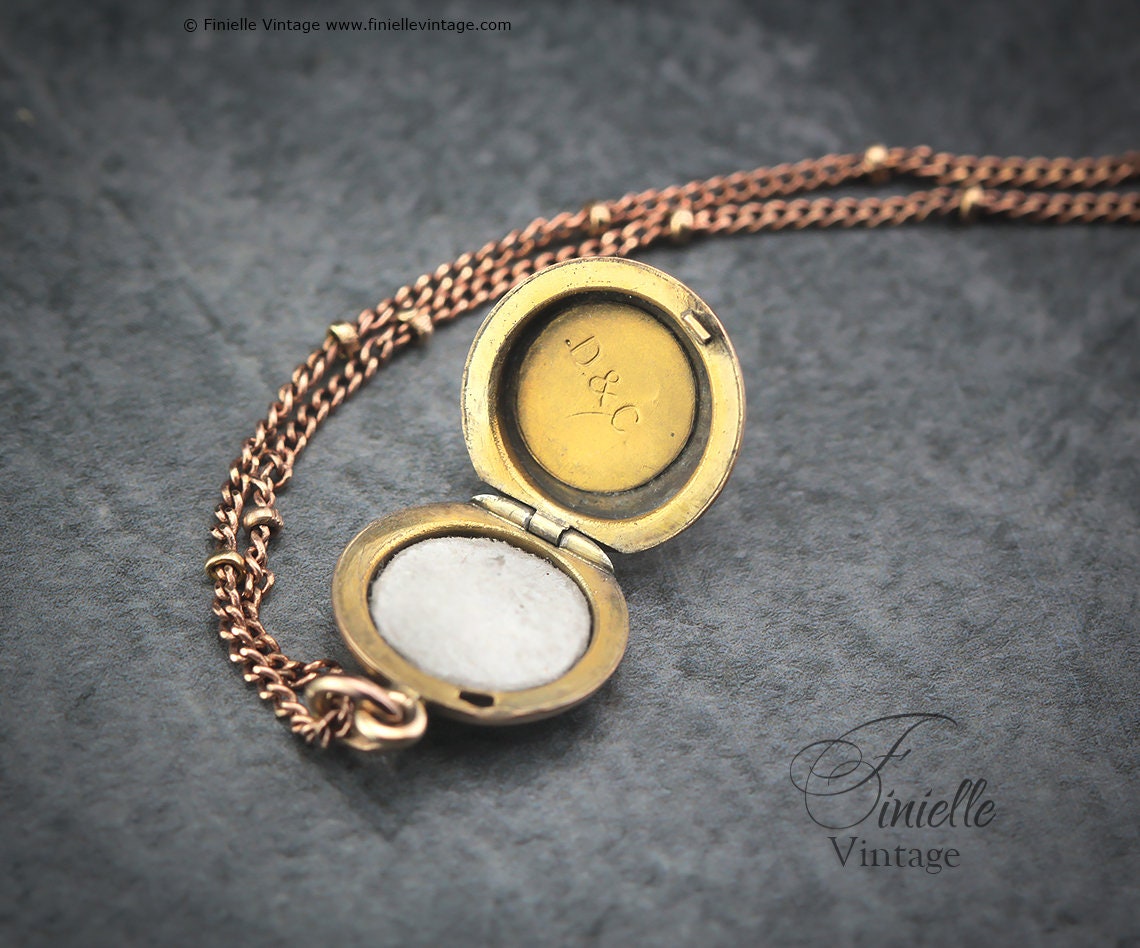 Antique Rose Rolled Gold Victorian 1850-1900 Engraved Round Small Charm Locket Pendant Necklace, 12Ct Rose Gold Plated 15.3" Chain