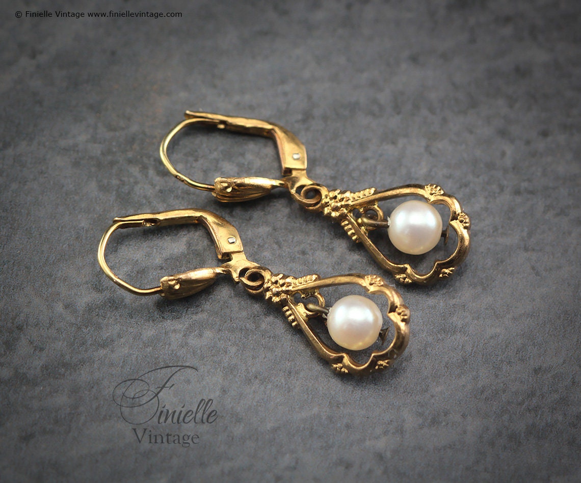 Vintage 1930s Art Deco Germany Ges Gesch Earrings, Gold Tone, Faux Pearls, Gift for Women, Unique Vintage Jewellery Jewelry, RARE