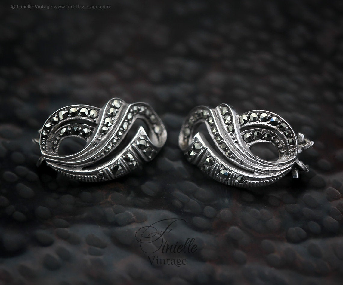 Antique Vintage 1920-1930 Pair Art Deco Clip-On Silver Marcasite Earrings, Signed .800, Gift for Women, Unique Vintage Jewellery Jewelry