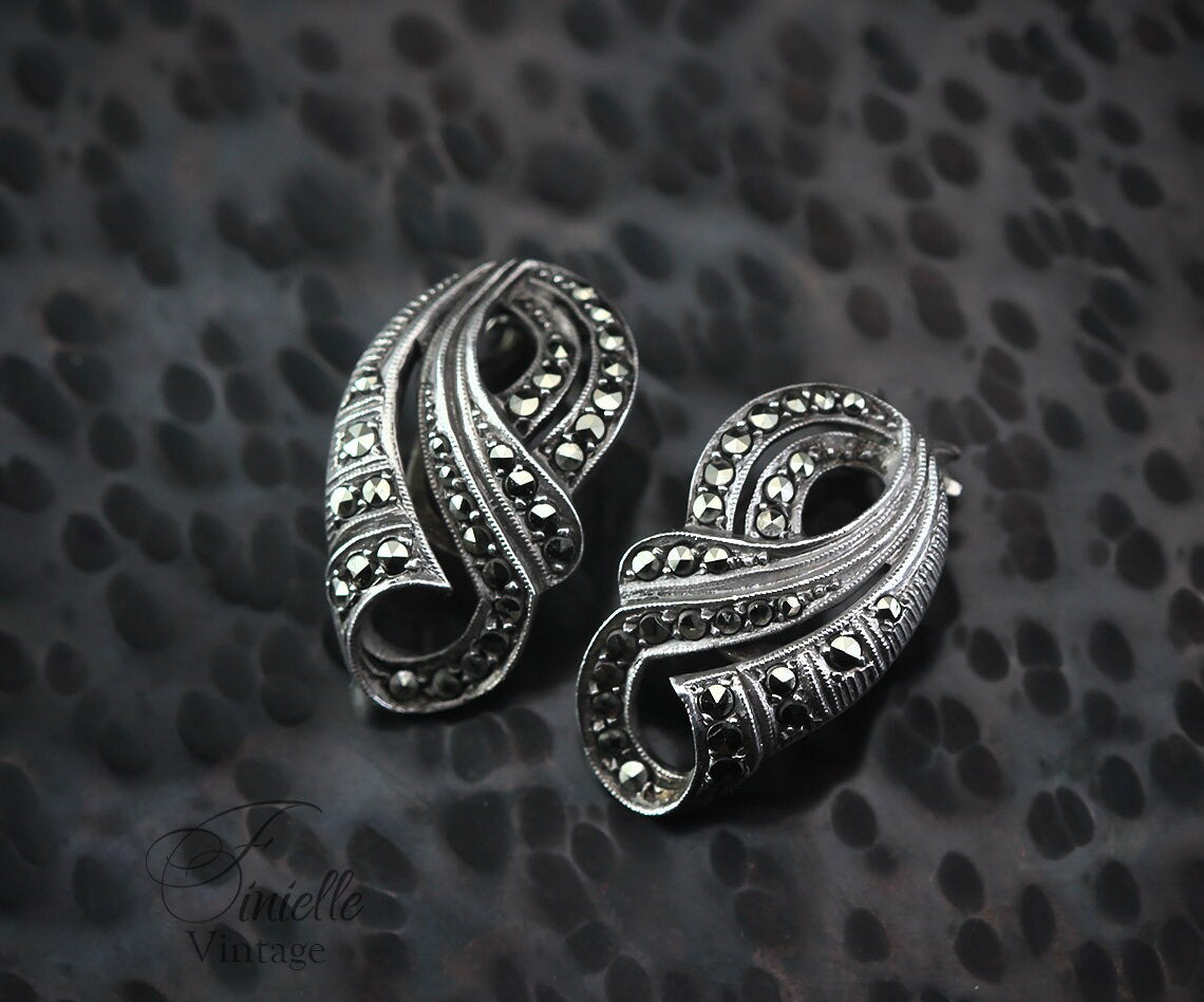 Antique Vintage 1920-1930 Pair Art Deco Clip-On Silver Marcasite Earrings, Signed .800, Gift for Women, Unique Vintage Jewellery Jewelry