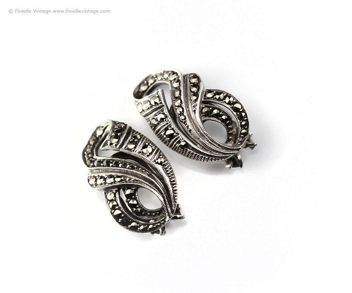 Antique Vintage 1920-1930 Pair Art Deco Clip-On Silver Marcasite Earrings, Signed .800, Gift for Women, Unique Vintage Jewellery Jewelry