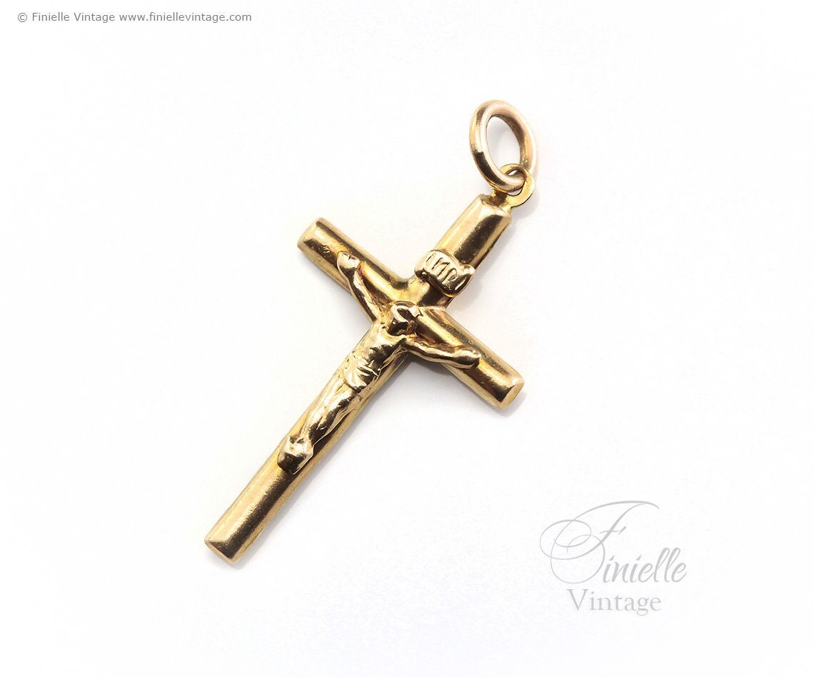 Vintage 1980s 9Ct Yellow Gold Small Crucifix Cross Catholic Necklace Pendant Holy Charm, Stamped 375