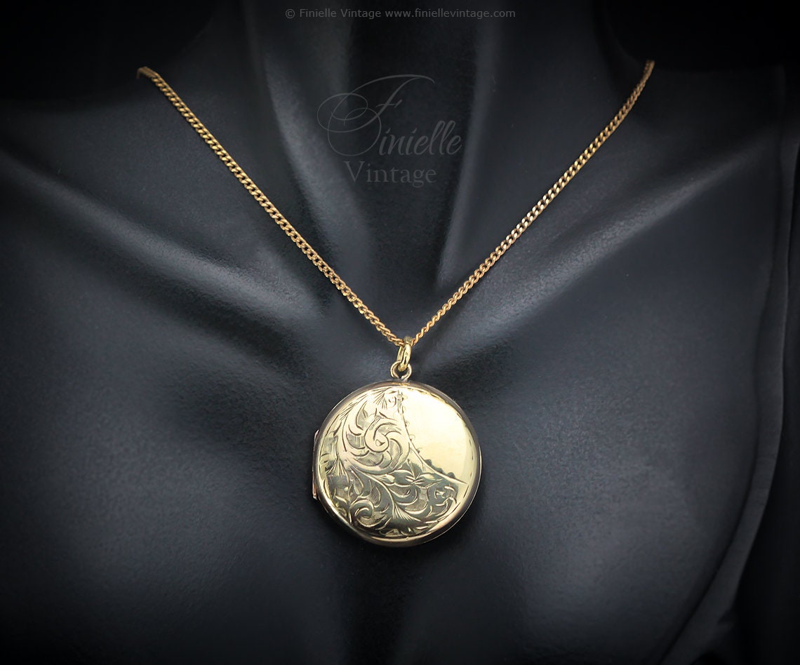 Antique Rolled Gold Victorian Engraved Floral Charm Locket Pendant Necklace, 18Ct Yellow Gold Plated 18.5" Chain, Unique Gift