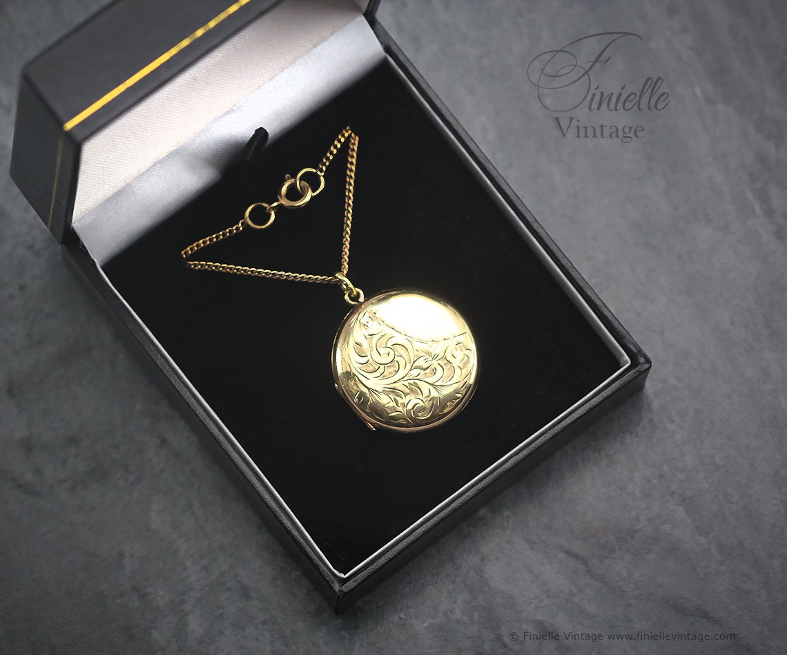 Antique Rolled Gold Victorian Engraved Floral Charm Locket Pendant Necklace, 18Ct Yellow Gold Plated 18.5" Chain, Unique Gift
