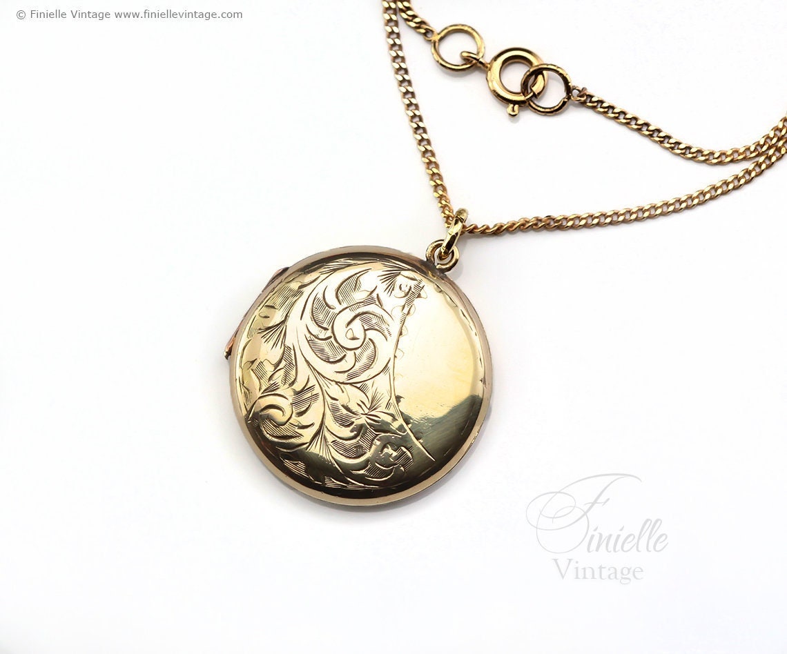 Antique Rolled Gold Victorian Engraved Floral Charm Locket Pendant Necklace, 18Ct Yellow Gold Plated 18.5" Chain, Unique Gift