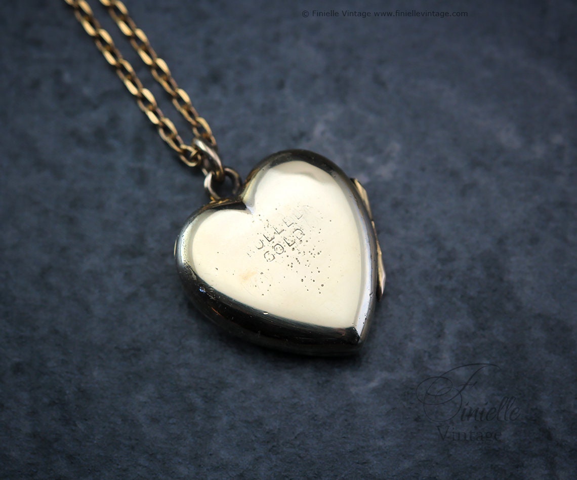 Antique Rolled Gold Victorian 1850-1900 Engraved Heart Charm Small Locket Pendant Necklace, 18Ct Yellow Gold Plated 16.5" Chain, Unique Gift