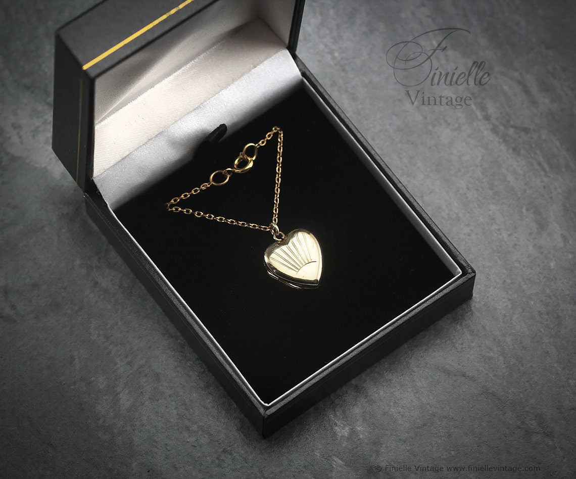 Antique Rolled Gold Victorian 1850-1900 Engraved Heart Charm Small Locket Pendant Necklace, 18Ct Yellow Gold Plated 16.5" Chain, Unique Gift