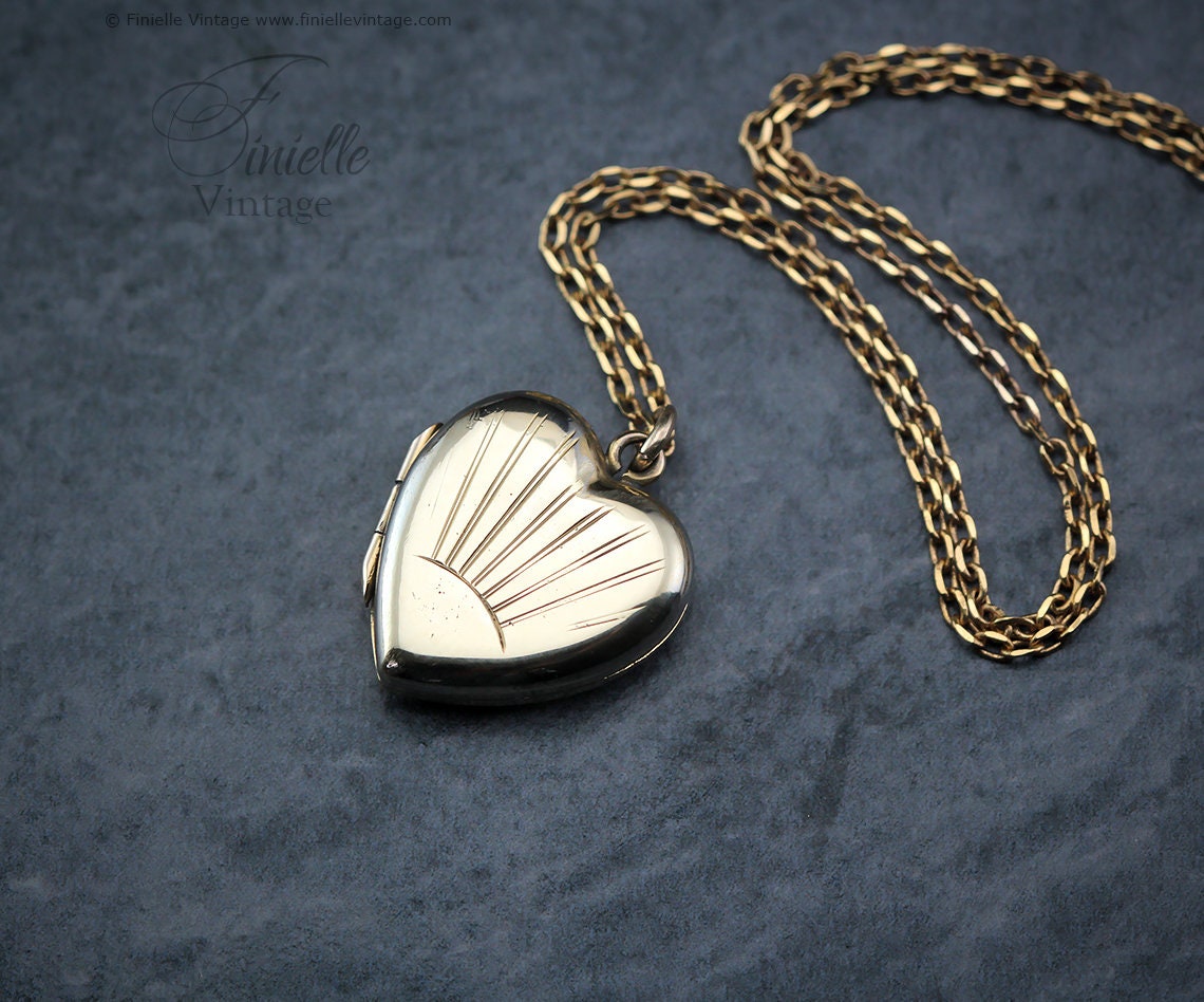 Antique Rolled Gold Victorian 1850-1900 Engraved Heart Charm Small Locket Pendant Necklace, 18Ct Yellow Gold Plated 16.5" Chain, Unique Gift