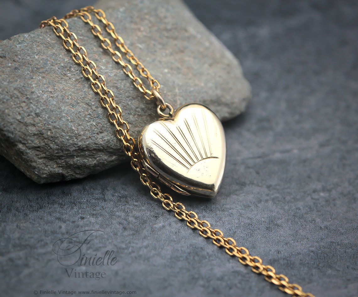 Antique Rolled Gold Victorian 1850-1900 Engraved Heart Charm Small Locket Pendant Necklace, 18Ct Yellow Gold Plated 16.5" Chain, Unique Gift