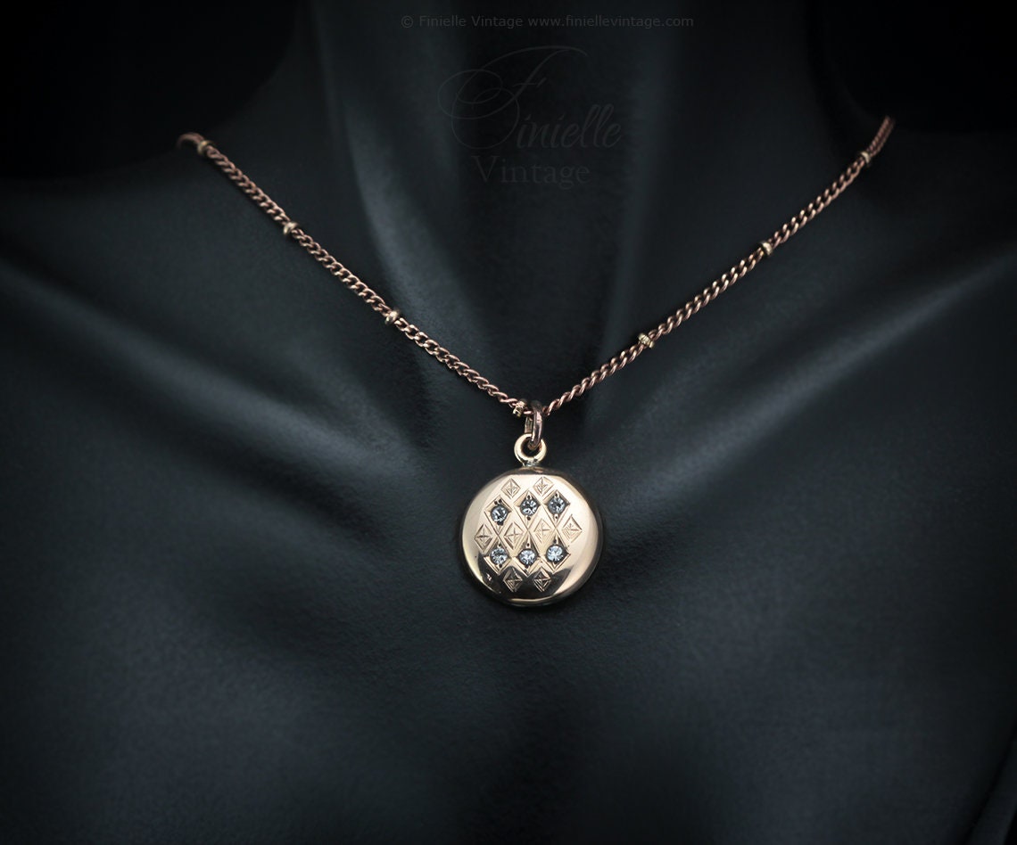 Antique Rose Rolled Gold Victorian 1850-1900 Engraved Round Small Charm Locket Pendant Necklace, 12Ct Rose Gold Plated 15.3" Chain