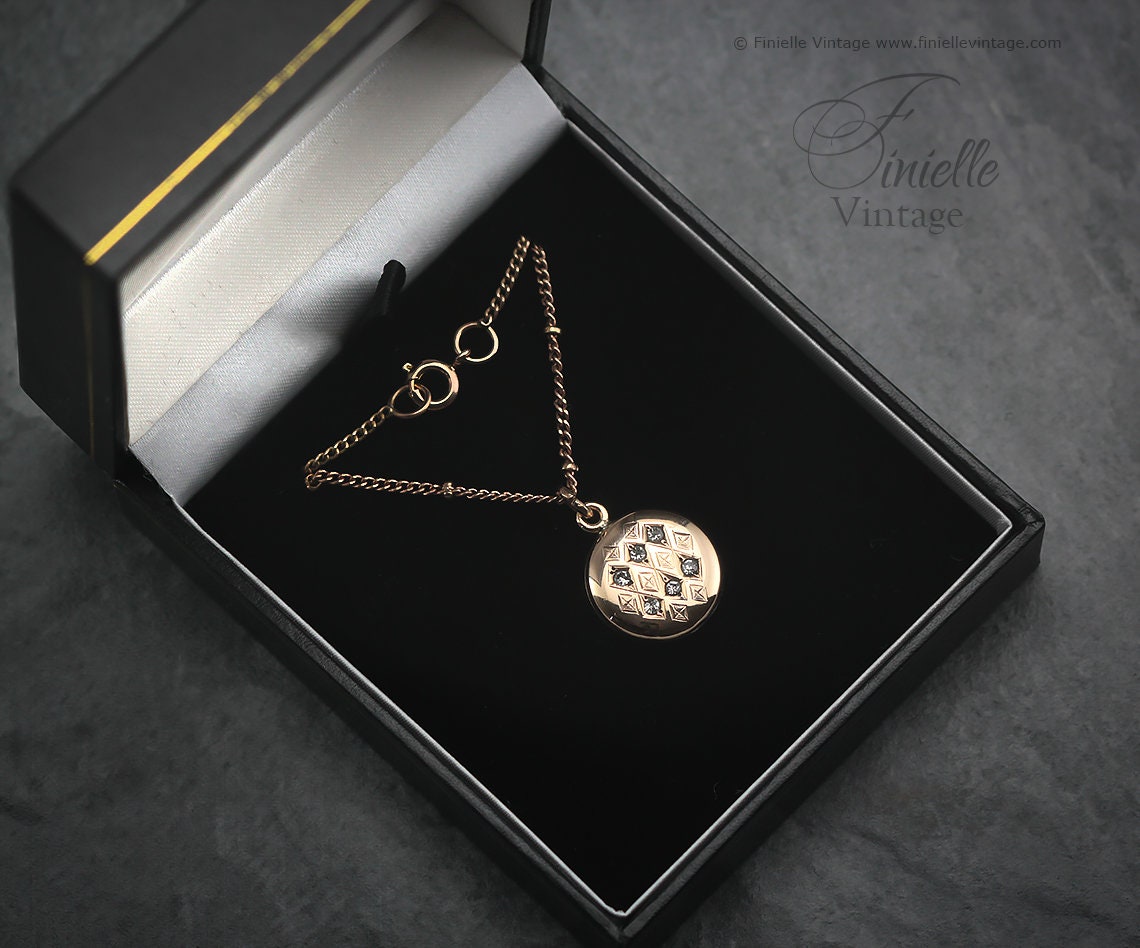 Antique Rose Rolled Gold Victorian 1850-1900 Engraved Round Small Charm Locket Pendant Necklace, 12Ct Rose Gold Plated 15.3" Chain