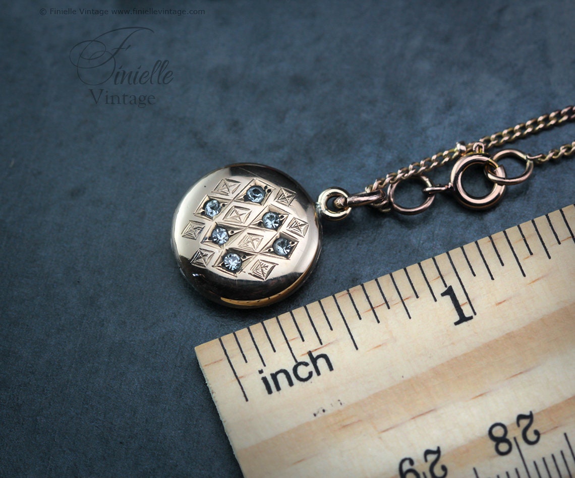 Antique Rose Rolled Gold Victorian 1850-1900 Engraved Round Small Charm Locket Pendant Necklace, 12Ct Rose Gold Plated 15.3" Chain