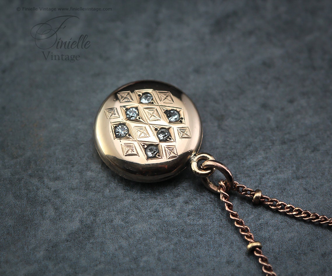 Antique Rose Rolled Gold Victorian 1850-1900 Engraved Round Small Charm Locket Pendant Necklace, 12Ct Rose Gold Plated 15.3" Chain
