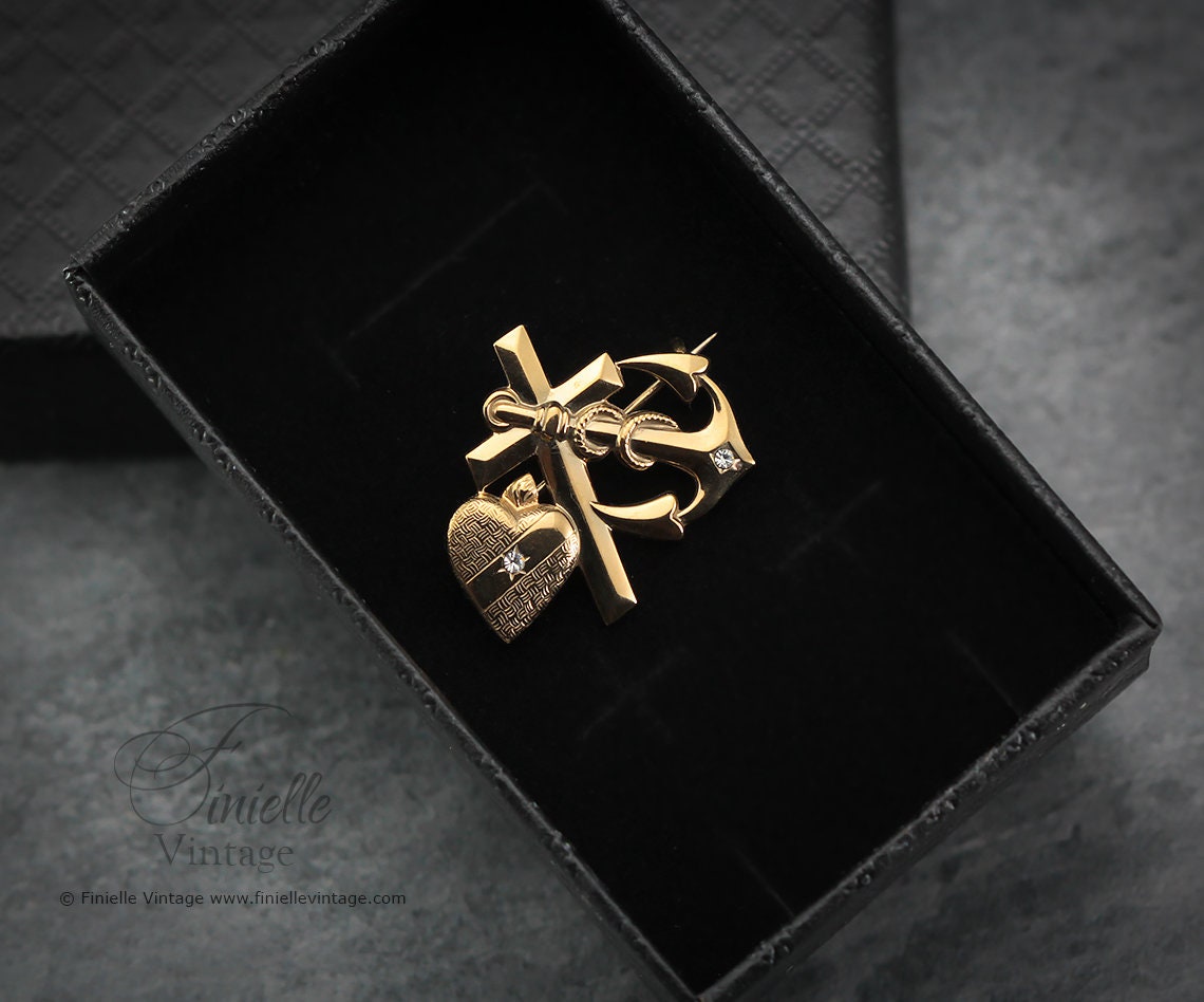 Antique Vintage Art Nouveau Style 1930s Faith Hope and Charity Brooch Pin, 18Ct Gold Filled, Unique Vintage Jewelry Jewellery
