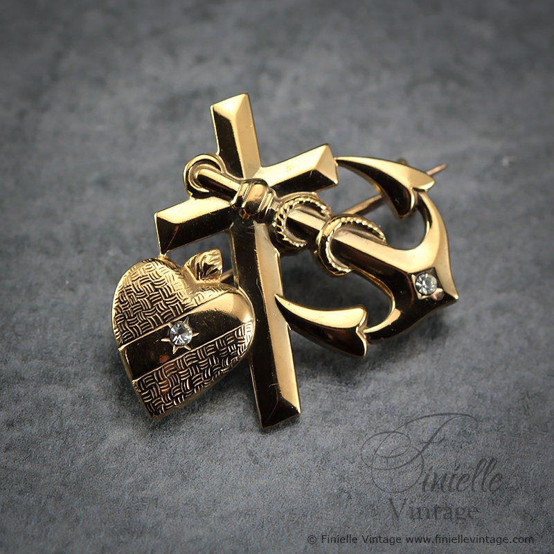 Antique Vintage Art Nouveau Style 1930s Faith Hope and Charity Brooch Pin, 18Ct Gold Filled, Unique Vintage Jewelry Jewellery