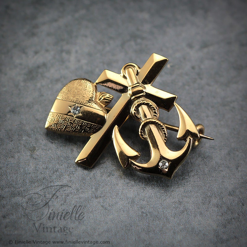 Antique Vintage Art Nouveau Style 1930s Faith Hope and Charity Brooch Pin, 18Ct Gold Filled, Unique Vintage Jewelry Jewellery
