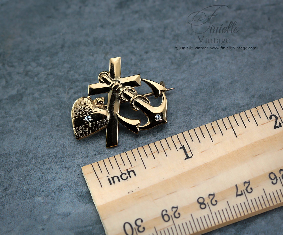 Antique Vintage Art Nouveau Style 1930s Faith Hope and Charity Brooch Pin, 18Ct Gold Filled, Unique Vintage Jewelry Jewellery