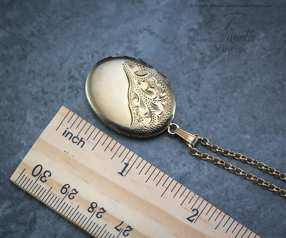 Vintage 1970s 12Ct Rolled Gold Engraved Ornate Oval Shape 2 Photo Locket Pendant, 21" Necklace, Gold Plated Brass Chain