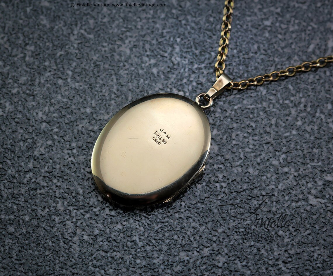 Vintage 1970s 12Ct Rolled Gold Engraved Ornate Oval Shape 2 Photo Locket Pendant, 21" Necklace, Gold Plated Brass Chain