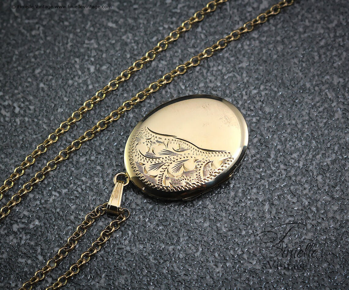 Vintage 1970s 12Ct Rolled Gold Engraved Ornate Oval Shape 2 Photo Locket Pendant, 21" Necklace, Gold Plated Brass Chain