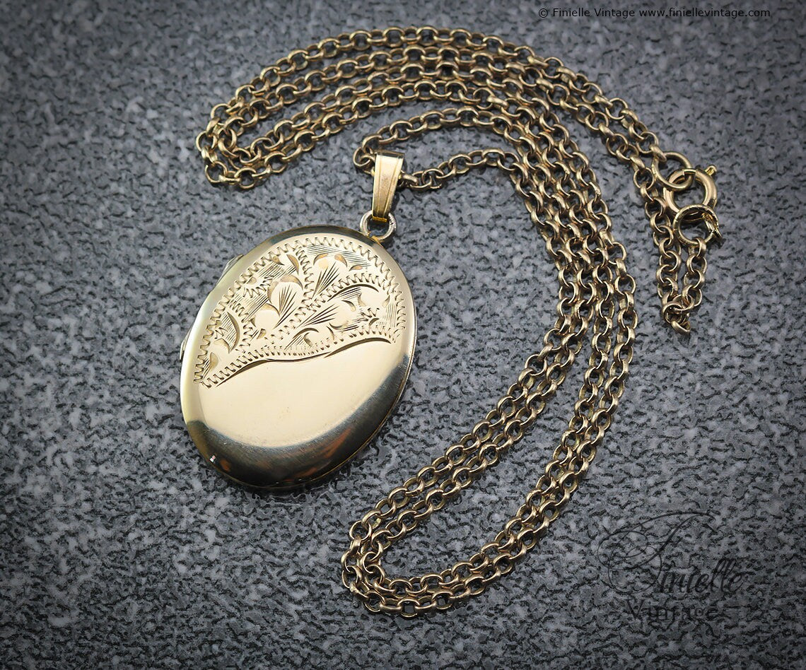Vintage 1970s 12Ct Rolled Gold Engraved Ornate Oval Shape 2 Photo Locket Pendant, 21" Necklace, Gold Plated Brass Chain