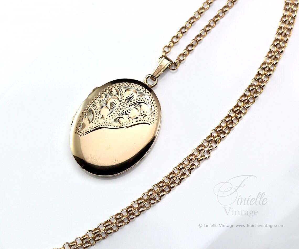 Vintage 1970s 12Ct Rolled Gold Engraved Ornate Oval Shape 2 Photo Locket Pendant, 21" Necklace, Gold Plated Brass Chain