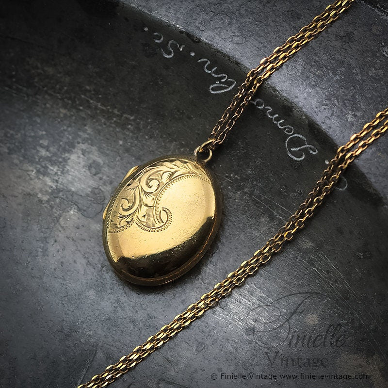 Antique Vintage Art Deco Era 1920-1930s Rolled Gold Engraved Ornate Oval Shape 2 Photo Locket Pendant, 19" Necklace, Gold Plated Brass Chain