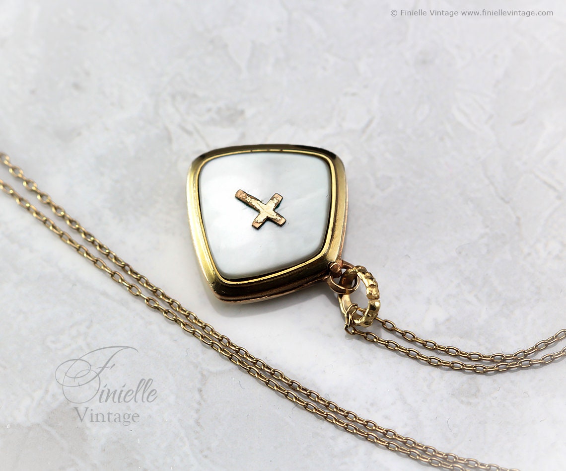 Vintage 1960s 14Ct Rolled Gold, Mother of Pearl, Fancy Shape 2 Photo Locket Pendant, Holly Symbol Cross, 19" Necklace, Signed RiW