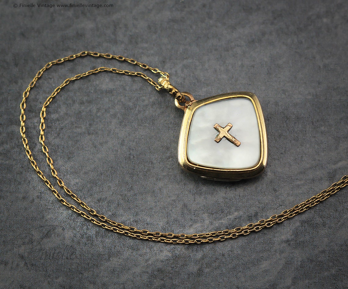 Vintage 1960s 14Ct Rolled Gold, Mother of Pearl, Fancy Shape 2 Photo Locket Pendant, Holly Symbol Cross, 19" Necklace, Signed RiW